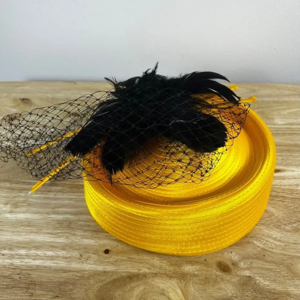 Especially Yours EY Signature Pillbox Hat Yellow Black Feather Veil Fascinator